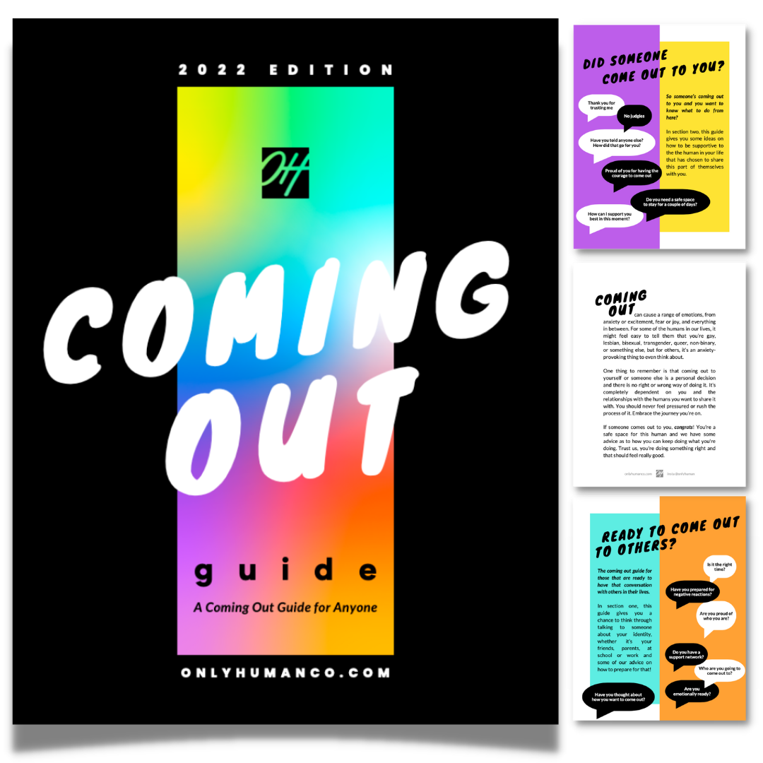 2022 edition OH Coming Out Guide with rainbow rectangle in background and screenshots of interior pages to the right