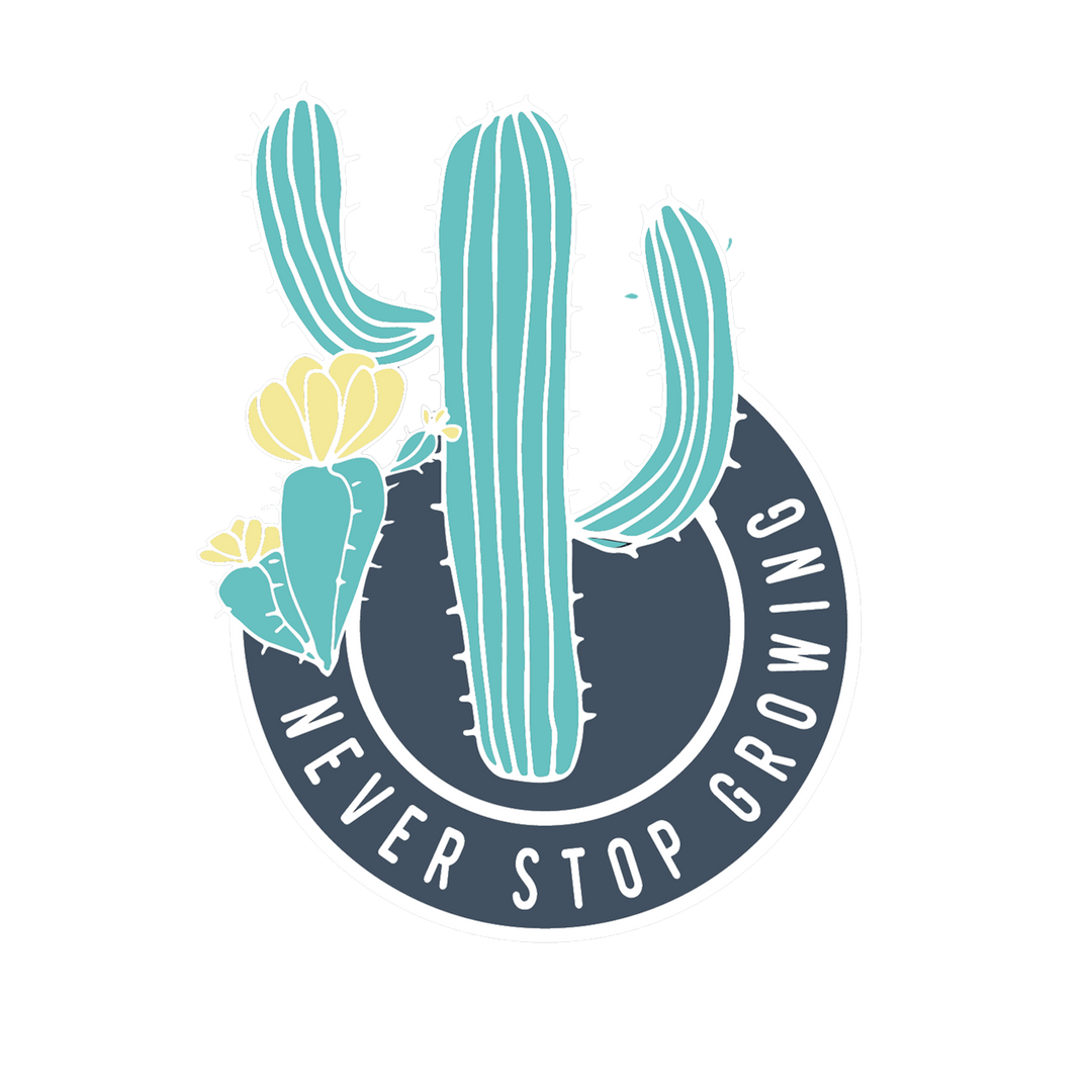 icon of two cacti that reads "never stop growing"
