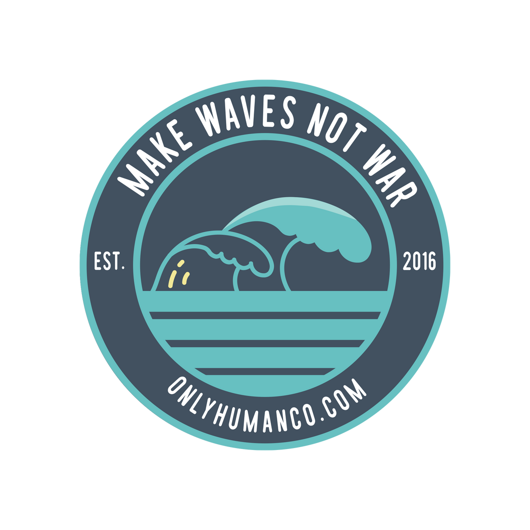 icon of waves that reads "make waves not war"